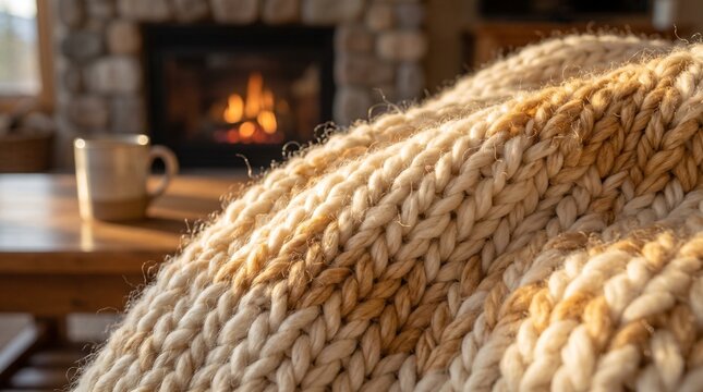 Cozy winter atmosphere with a knitted blanket by the warm fireplace