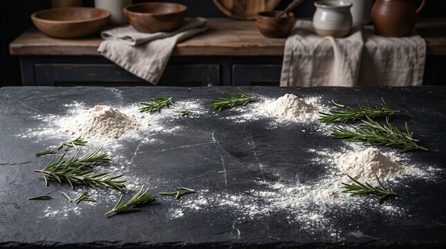 Rustic kitchen background with flour piles and fresh rosemary sprigs on dark stone slate surface