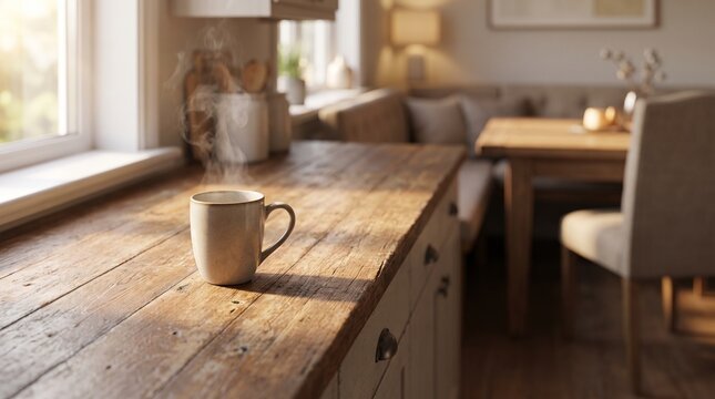 Steaming cup of hot coffee on a rustic wooden kitchen counter in the morning sun