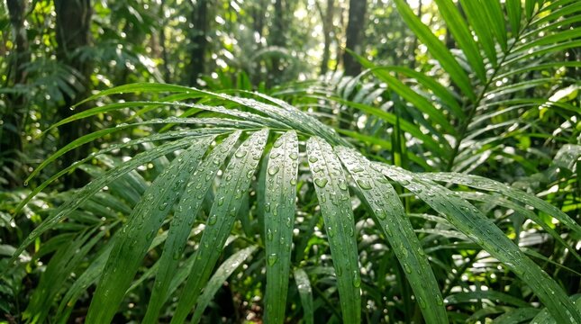 Fresh tropical palm leaves with morning dew drops in a lush rainforest