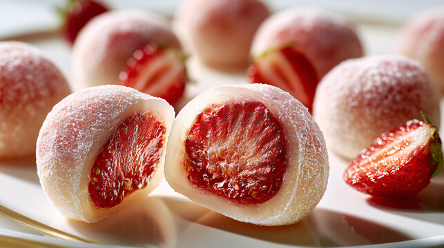 Soft Japanese mochi filled with whole fresh strawberries and sweet bean paste in an elegant minimalist presentation