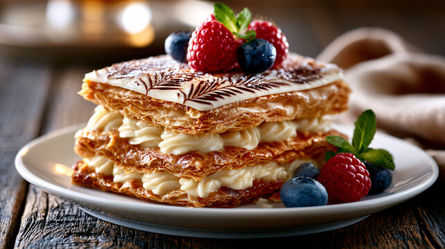 Traditional French mille-feuille layered with crisp puff pastry, rich vanilla pastry cream and fresh berries