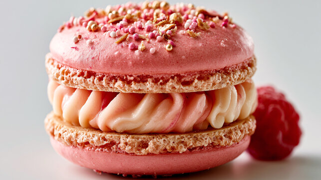 Elegant French raspberry macaron filled with silky raspberry buttercream and decorated with crisp sugar pearls