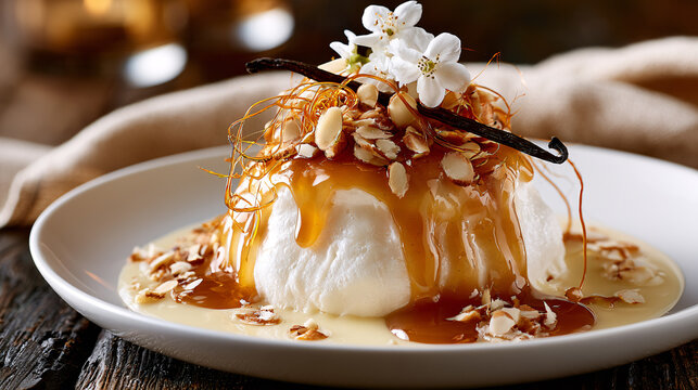 Traditional French floating island with airy meringue, vanilla custard, caramel sauce and toasted almond flakes