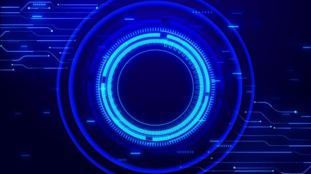 Futuristic blue data ring visual bright circular gauge details, neon circuit paths, modern interface depth scanner screens, cyber panels, AI dashboards, 19 explainers, digital overlays.