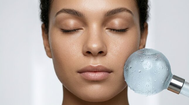 Close up of African American woman receiving cooling ice globe massage on cheek for skin depuffing and hydration