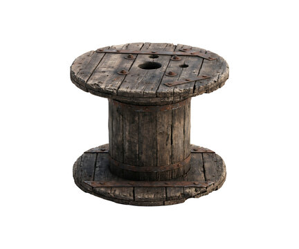 Vintage wooden cable reel, weathered industrial wire spool, rustic timber drum with metal hardware for construction and utility storage isolated on Transparent Background
