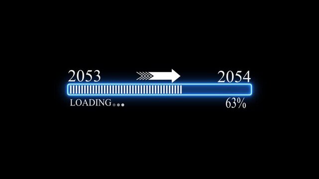 New year 2054 loading bar animation, Loading bar from 2053 to 2054 new year transfer animation. Almost reaching New Year on black background. Welcoming the happy new year 2054 4k video.