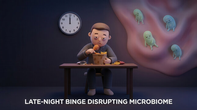A whimsical illustration depicting how late night snacking influences gut bacteria and overall microbiome wellness