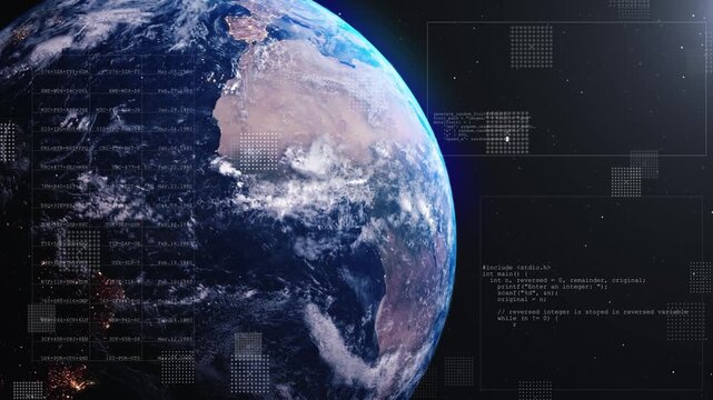 Global planet data code visual Earth view, transparent software panels, map elements, dark space atmosphere. worldwide communication, cyber systems, app promos, science digital motion overlays.