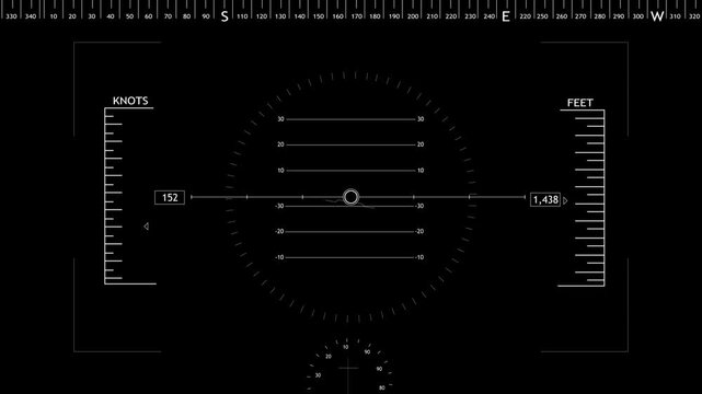 Cockpit navigation gauge overlay white flight scales, radar center, compass ruler, and black transparent interface. aviation drone visuals, aircraft tracking, pilot training, simulation scenes, motion