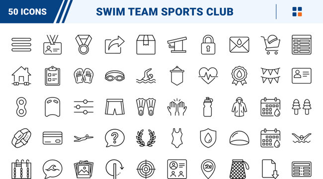 Competitive Swim Team line icon set. Vector pictograms of swimming, athletics, pool, and aquatic elements, thin linear illustration.