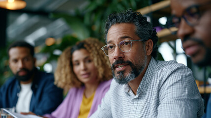 Obraz premium Worker cooperative board meeting with members reviewing shared profit distribution ledger at round table, democratic enterprise governance, employee owned organization finance, platform worker owner
