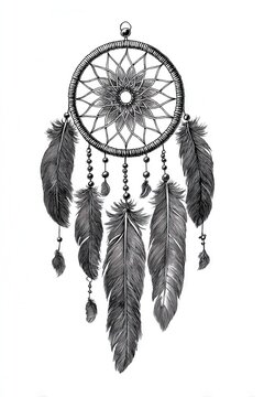 Dreamcatcher with feathers engraving sketch illustration in black and white bohemian decor art