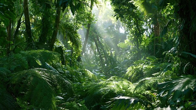 Tropical rainforest ferns sunlight canopy