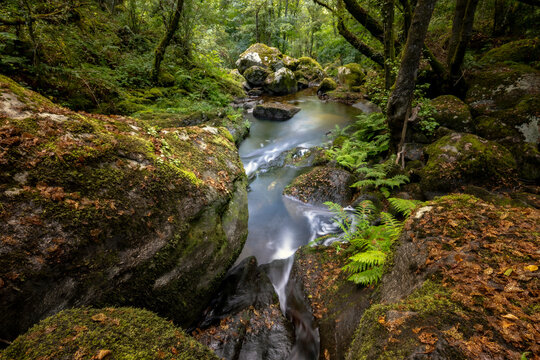 Idyllic waterfalls on the River Edo in Castro Caldelas, Ourense, Galicia, Spain