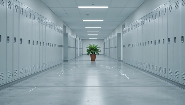 Empty school hallway lined with gray lockers and a potted plant at the end, symmetric one-point perspective interior background