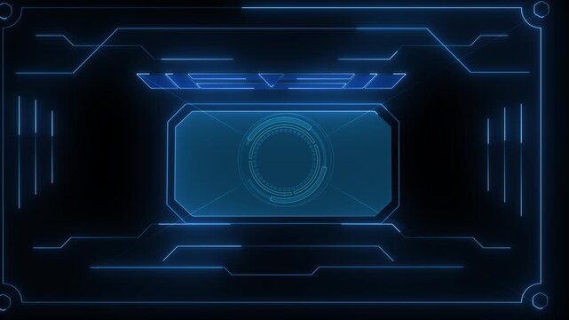 Tech interface title panel visual neon blue frame, geometric HUD marks, glowing borders, empty center space. cyber banners, intro screens, gaming overlays, software presentations, futuristic motion