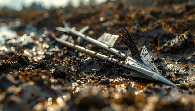 Two Broken Arrows Lying on Muddy Ground, Symbolizing Failure or Setback, Outdoor Nature Detail