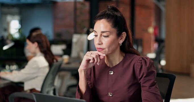Laptop, woman and thinking in office for article research, blog post review and editing story. Coworking, writer and mature person with proofreading project, creative process and planning with typing