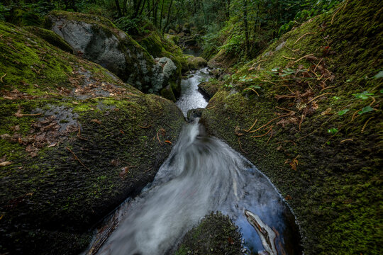 Idyllic waterfalls on the River Edo in Castro Caldelas, Ourense, Galicia, Spain