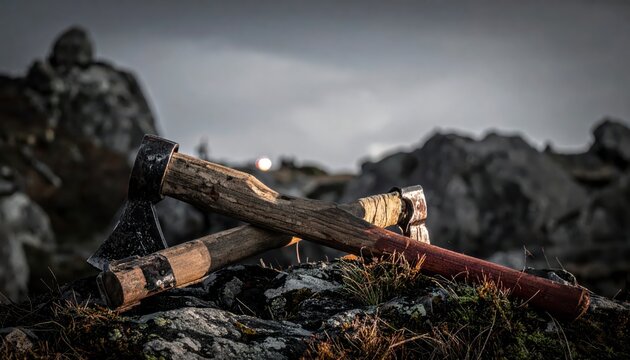 Two old, weathered axes crossed on a rocky, desolate landscape under a dramatic sky, symbolizing survival, wilderness, and ruggedness