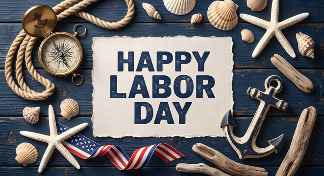 Happy Labor Day message on paper with nautical items on blue wood photo