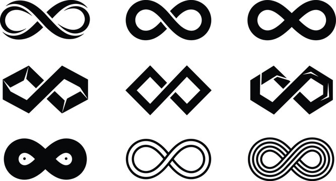 Infinity Symbol Icon Set with Sharp Geometric Hexagon Loops, Angular Diamond Eternity Signs, Parallel Triple Lines, and Thick Abstract Ribbon Branding Graphics
