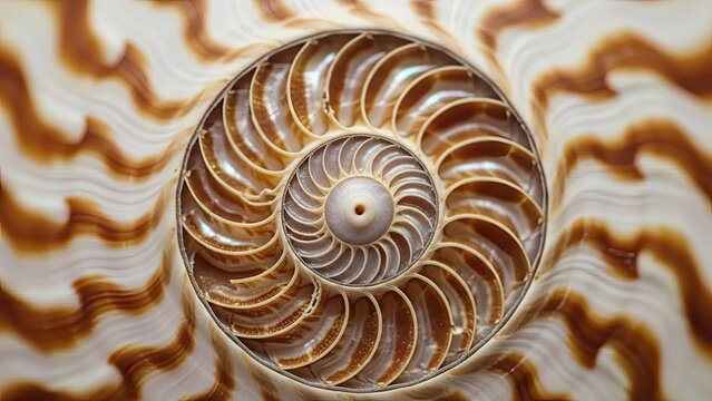 Internal chambers of a nautilus shell showing spiral pattern.