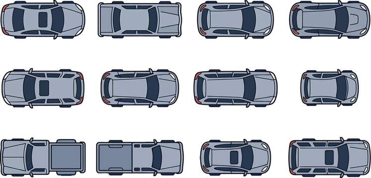 Top view set of various generic car models including sedans SUVs and pickup trucks vector illustration
