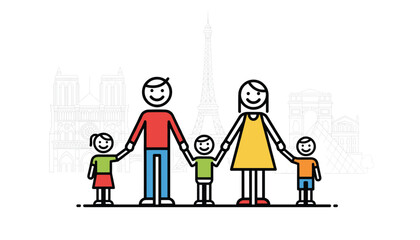 Fototapeta premium Stick figure drawing of a happy family holding hands with famous Paris landmarks like the Eiffel Tower in the background.