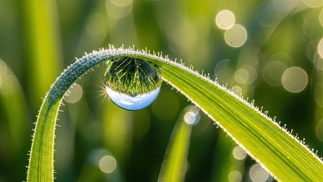 Macro view of dew drop on green grass blade.