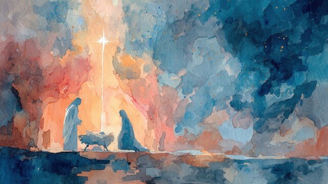 Holy family nativity scene silhouette watercolor painting under guiding bethlehem star season for christmas holiday