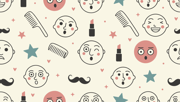 Fun seamless pattern featuring funny cartoon bald heads with diverse facial expressions and hair accessories.