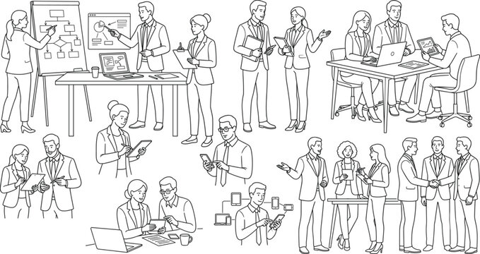Vector line art illustration of business people collaborating networking and working in a corporate office