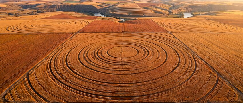 Aerial view of circularly plowed fields at sunset with agricultural landscape circularly vast agricultural agriculture countryside environment farming harvest terrain with horizon