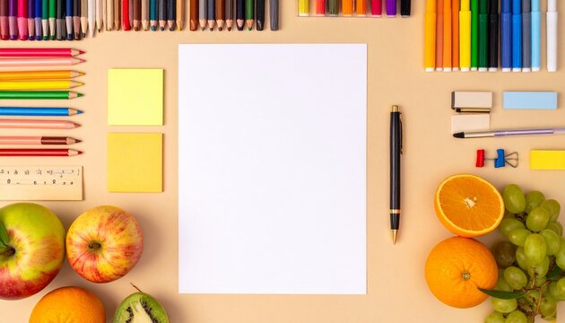 Workspace with stationery and fruits.