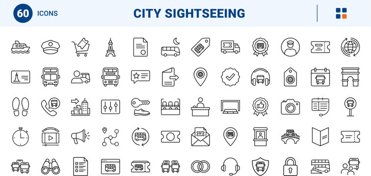 Double decker tour line icon set. Vector pictograms of transport, sightseeing, ticketing, and travel elements, thin linear illustration.