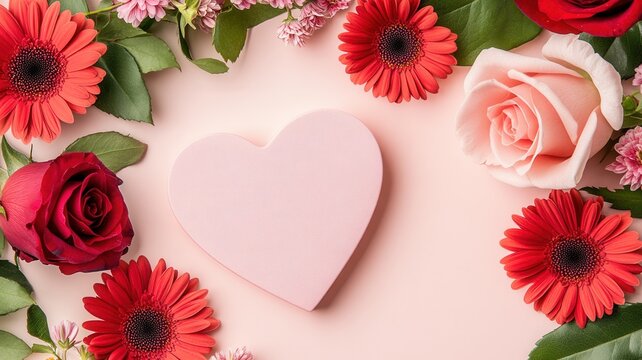 Pink heart creating copy space surrounded by vibrant red pink roses and gerbera flowers appreciation symbolizing love