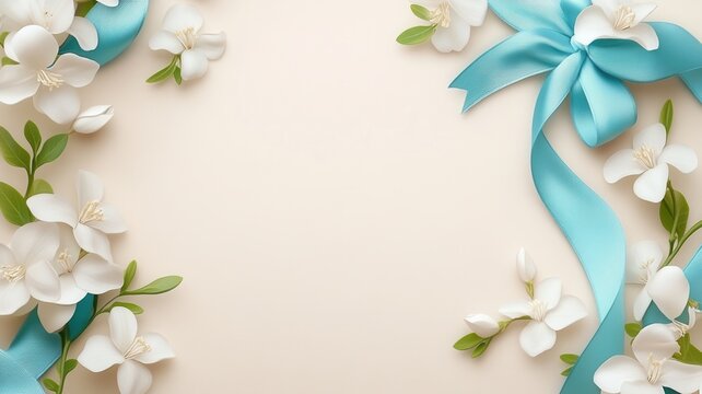 White flowers and blue ribbon creating elegant frame on light background symbolizing celebration and pure joy
