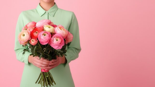 Woman holding large ranunculus bouquet covering face celebrating spring emotions romance and happy