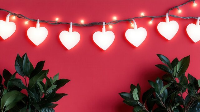 Heart shaped lights and pink glowing bulbs forming a festive border on a vibrant pink for celebration concepts background
