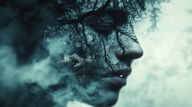 Human profiles with trees and brain overlay symbolizing aging memory nature complexity and the mind's