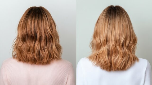 Woman with wavy blonde bob haircut seen from behind highlighting hair color length texture