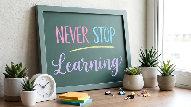 Modern Aesthetic Never Stop Learning Chalk Style Typography On Slate Blackboard Surrounded By Desk Clock And Sticky Notes