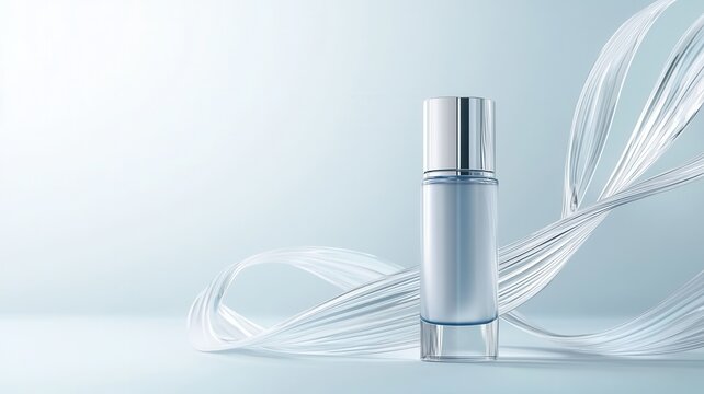 Blue cosmetic bottle product display with abstract wavy elements creating a fresh background elegant and luxurious