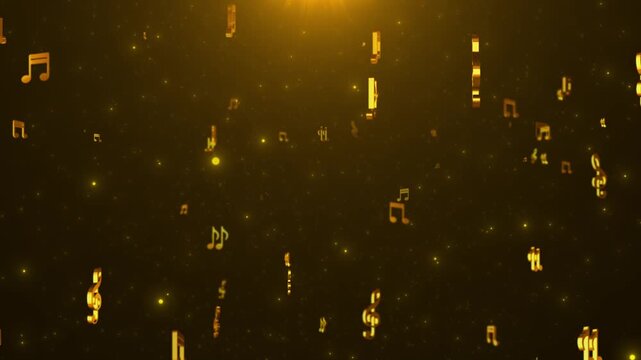 Luxury musical notes visual golden symbols, spotlight, glitter particles, and elegant dark space. live shows, music promos, festive greetings, sound design reels, title sequences, creative overlays.