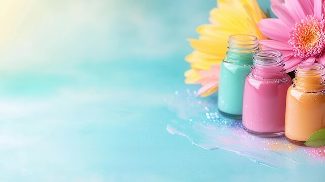 Cosmetics bottles with vibrant liquids and sakura flowers on a blue background symbolizing spring care beauty and self