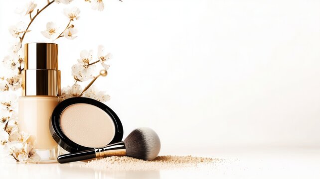 Liquid foundation bottle compact powder and cosmetic brush for face makeup routine application and beauty