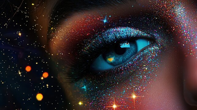 Woman eye with shimmering glitter makeup reflecting cosmic galaxy light creating an artistic celestial vision